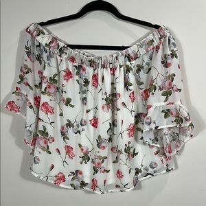 Express Cream Floral Lined Off the Shoulder Garden Summer Beach Top Women Medium
